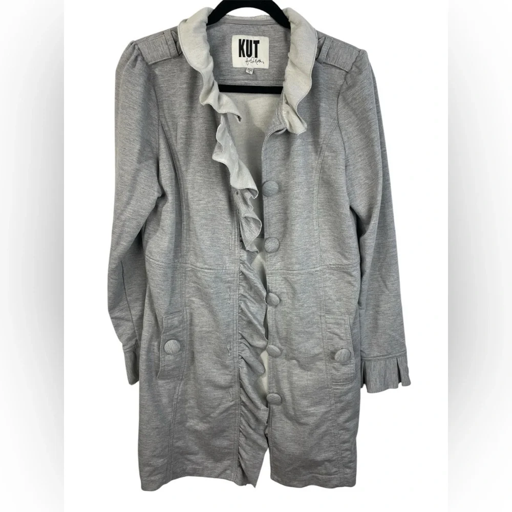 Kut from the Kloth Button Front Ruffle Gray Long Casual Jacket M GUC - Picture 2 of 16